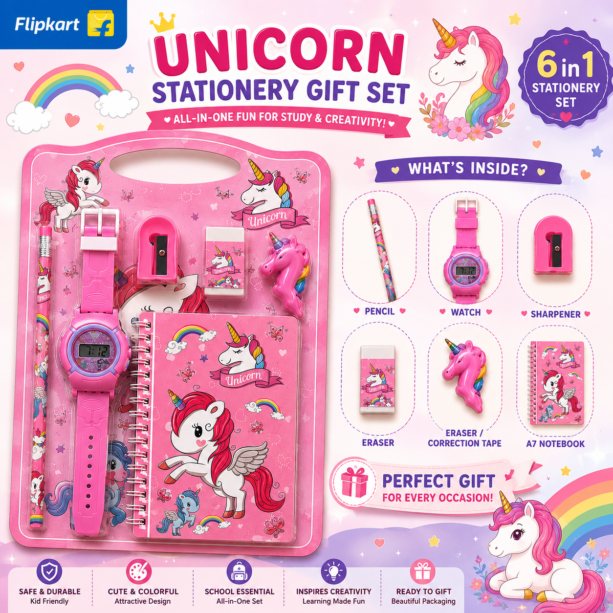 Every Needs Unicorn 6 in 1 Stationery Gift Set with Digital Watch, Notebook, Pencil, Sharpener, Eraser & Unicorn Eraser for Kids Girls Birthday Return Gift