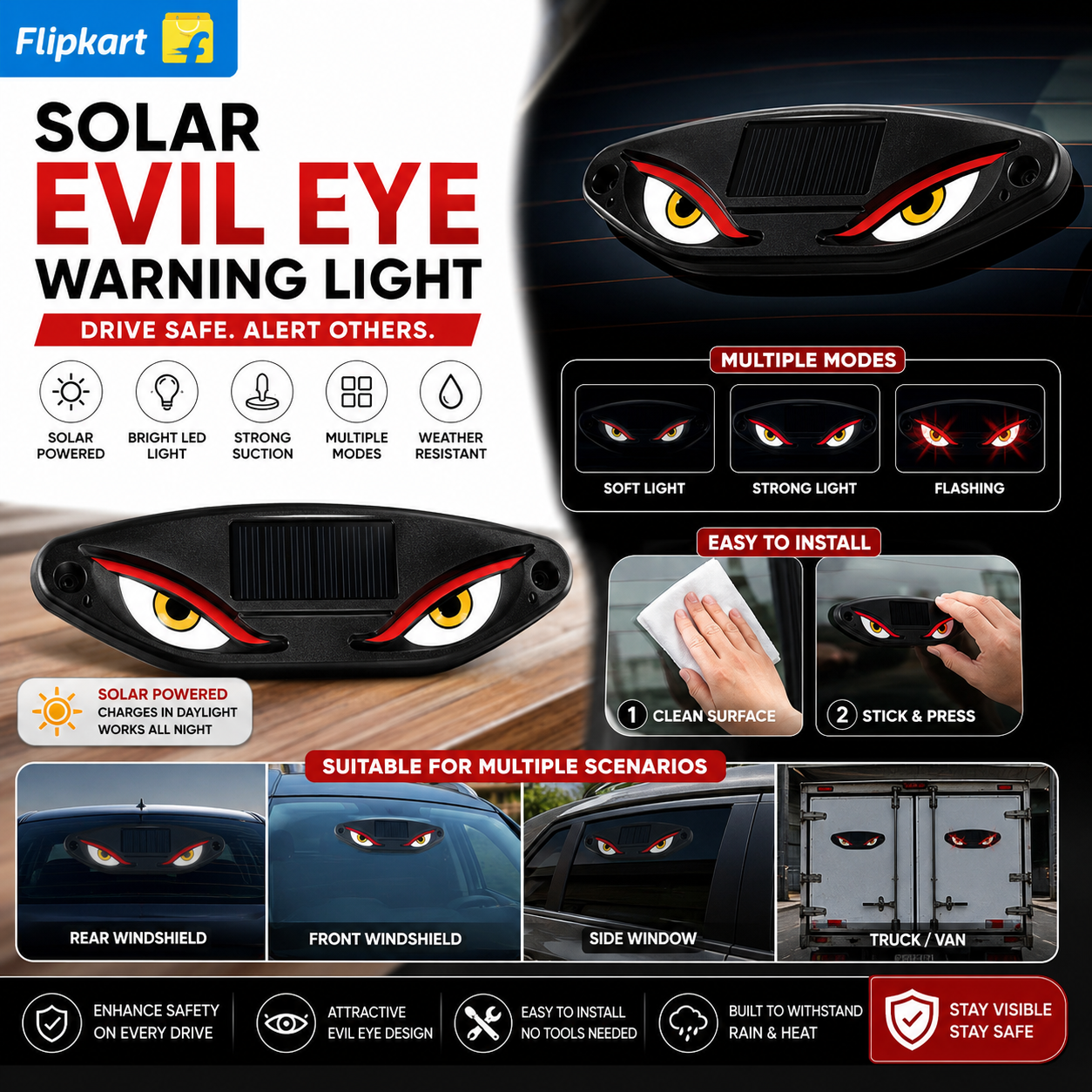 Every Needs Solar Evil Eye Warning Light for Car Windshield | Solar Powered LED Safety Flash Light | Multiple Flash Modes | Waterproof | Universal for Cars, SUVs, Trucks & Vans - Image 2