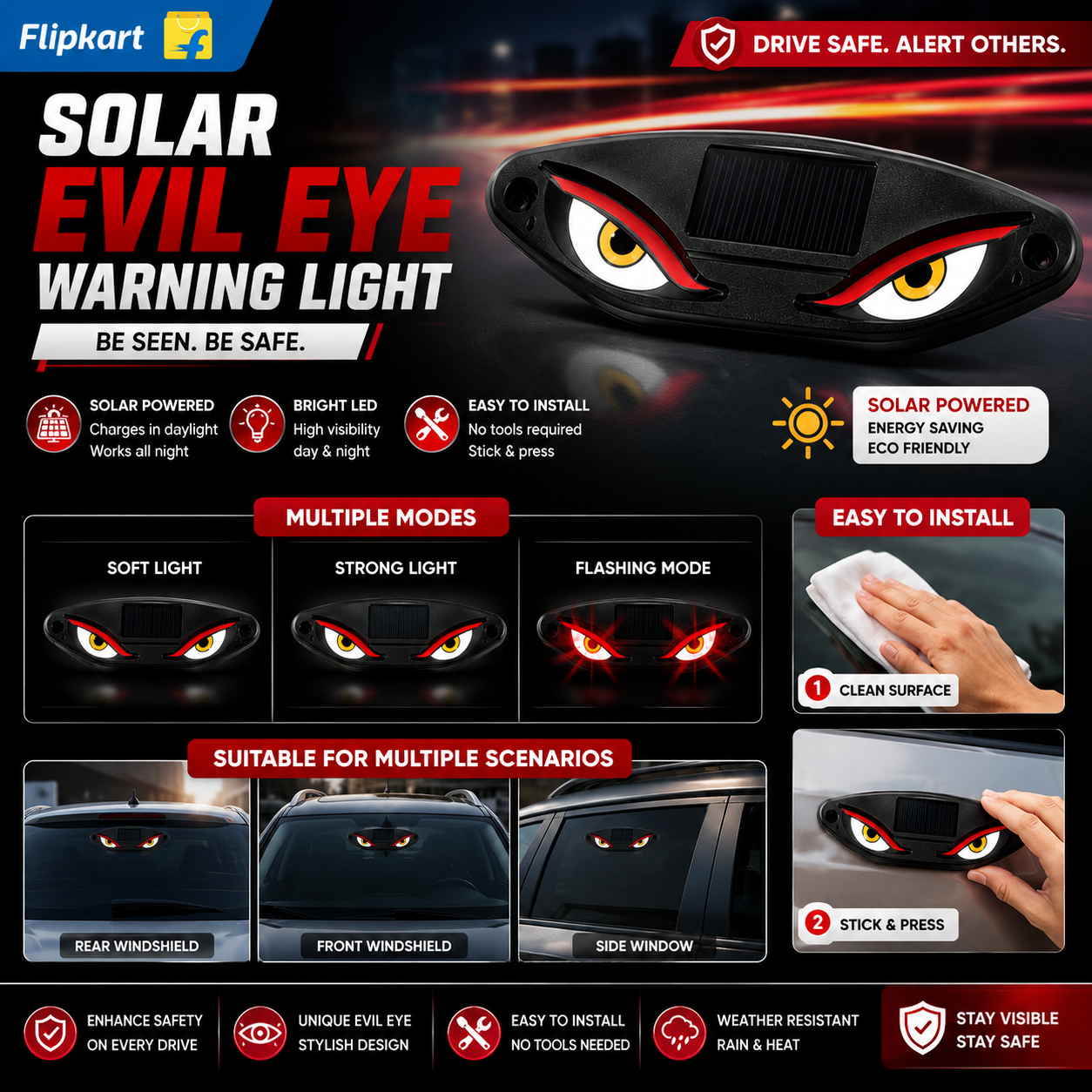 Every Needs Solar Evil Eye Warning Light for Car Windshield | Solar Powered LED Safety Flash Light | Multiple Flash Modes | Waterproof | Universal for Cars, SUVs, Trucks & Vans - Image 3