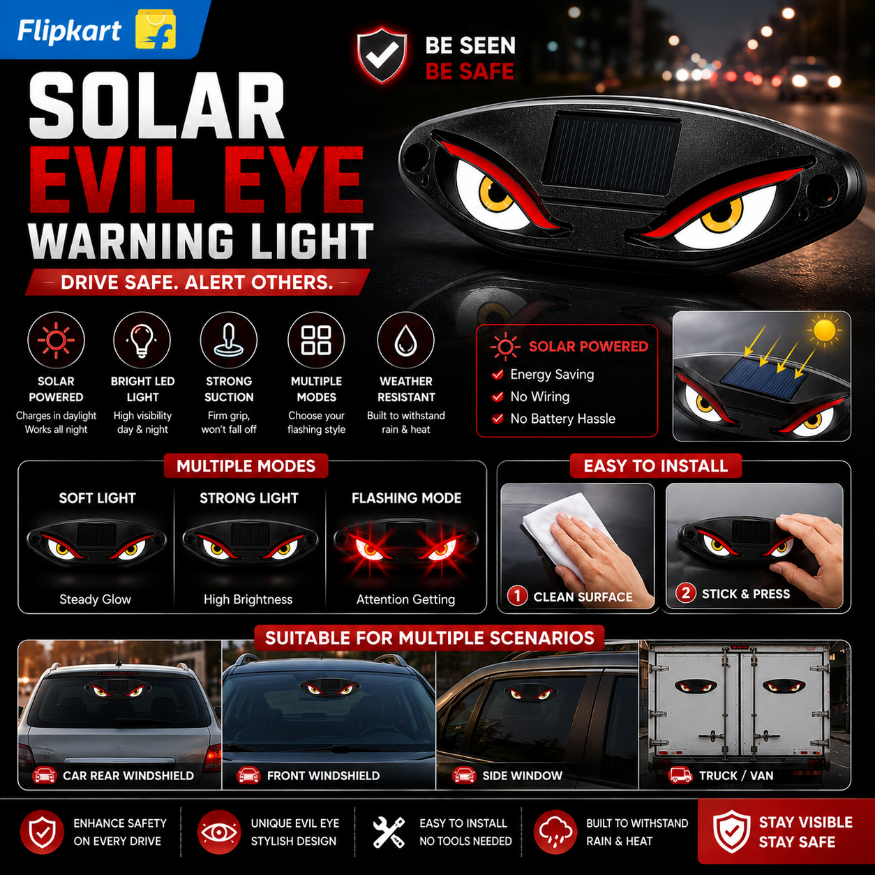 Every Needs Solar Evil Eye Warning Light for Car Windshield | Solar Powered LED Safety Flash Light | Multiple Flash Modes | Waterproof | Universal for Cars, SUVs, Trucks & Vans - Image 4